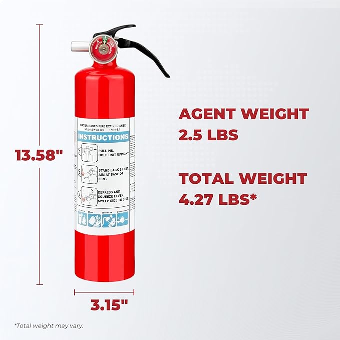 Safewayfire 2.5 lb Class ABCK Water-Based Fire Extinguisher, 1 Pack, UL Certified Safety for Kitchen, Residential, Vehicle