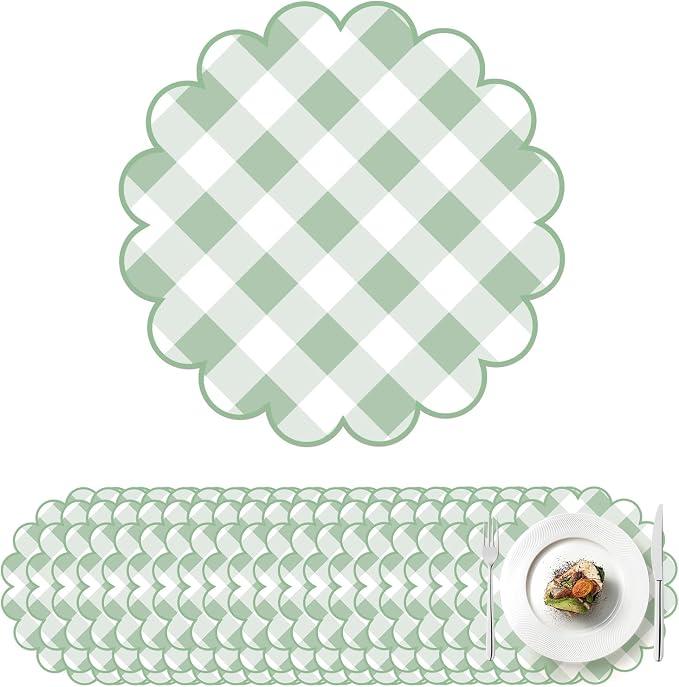 100 Pcs Checkered Paper Placemats Sage Green Gingham Place Mats 13.5 Inch Disposable Round Decorative Dining Table Mat with Scalloped Edge Paper Cutouts Decor for Picnic BBQ Table Party Supplies