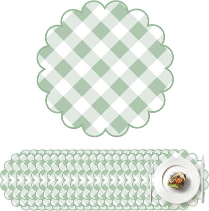 100 Pcs Checkered Paper Placemats Sage Green Gingham Place Mats 13.5 Inch Disposable Round Decorative Dining Table Mat with Scalloped Edge Paper Cutouts Decor for Picnic BBQ Table Party Supplies