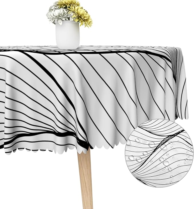 Black White Striped Round Tablecloth Abstract Modern Wave Stripes Washable Wrinkle Free Spill Proof Decorative Circle Table Cover for Dining Table Farmhouse Kitchen Restaurant 70x70 Inch