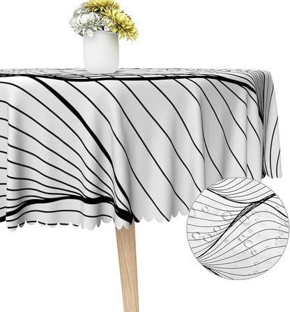 Black White Striped Round Tablecloth Abstract Modern Wave Stripes Washable Wrinkle Free Spill Proof Decorative Circle Table Cover for Dining Table Farmhouse Kitchen Restaurant 70x70 Inch