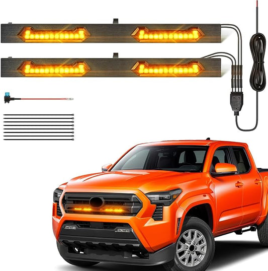 LED Grill Lights - 4PCS Front Grill Lights for Toyota Tacoma SR SR5 2024 2025 2026 with Fuse Adapter & Harness (Amber Light with Smoked Shell)