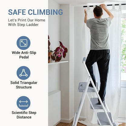 DUMOS Step Ladder, 3 Sturdy Step Stool with Anti-Slip Pedal & Comfortable Handrail, Portable Heavy Duty Step Stool for Kitchen, Garage & Outdoor Use, 800lbs, Grey