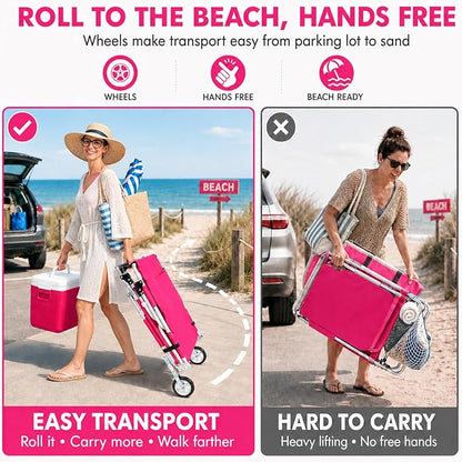 Wheel-To-Go Tanning Chair with Wheels Sun Canopy Umbrella Face Hole Thicker Washable Adjustable, Heavy Duty Folding Sun Lounge Chair Beach Outside Sunbathing Reading, UPF 50+, Pink (Patent Design)
