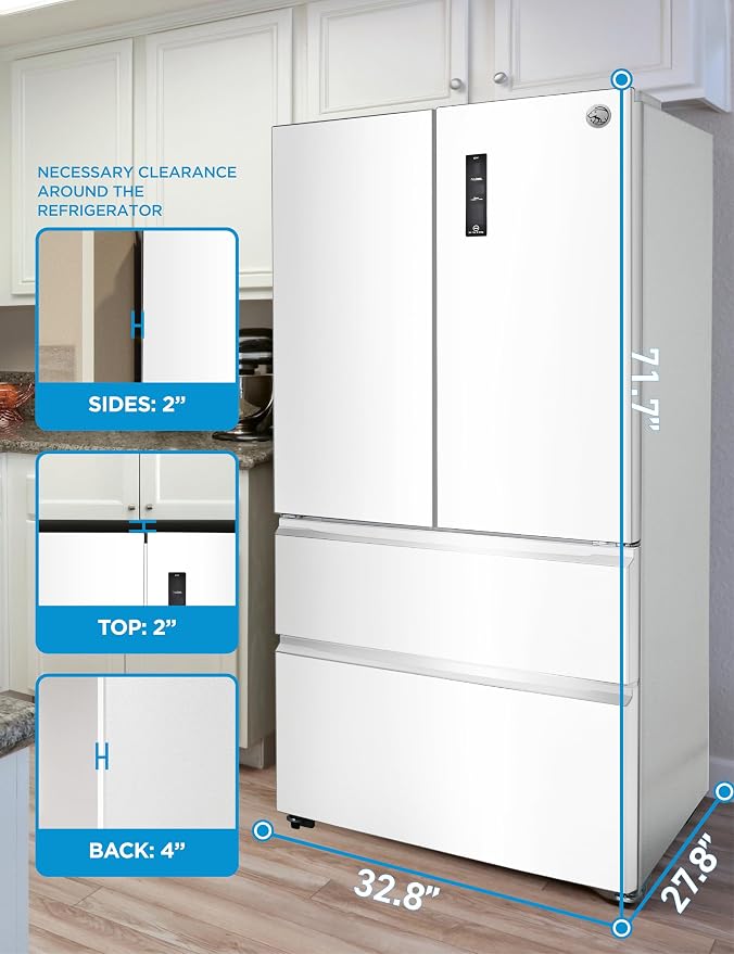 Commercial Cool 18.9 Cu. Ft. French Door Refrigerator, 33 Inch Wide Refrigerator with 2 Bottom Mount Freezer Drawers, Frost Free, LED Lighting, Digital Temperature Control, CCRF1890KW, White | 33 Inch Wide Refrigerator with 2 Bottom Mount Freezer Drawe...