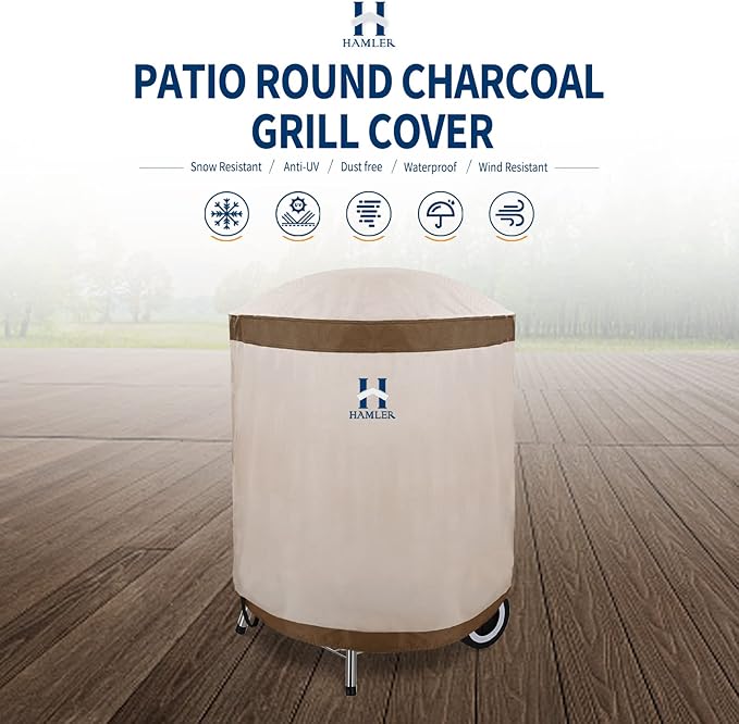 HAMLER Round Barbecue Cover, 28 Inch Small Smoker Cover, Heavy Duty Waterproof Outdoor Grill Cover Fits Weber, Charcoal Kettle, Masterbuilt, Dyna-Glo, Brown & Beige