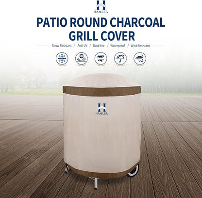 HAMLER Round Barbecue Cover, 28 Inch Small Smoker Cover, Heavy Duty Waterproof Outdoor Grill Cover Fits Weber, Charcoal Kettle, Masterbuilt, Dyna-Glo, Brown & Beige