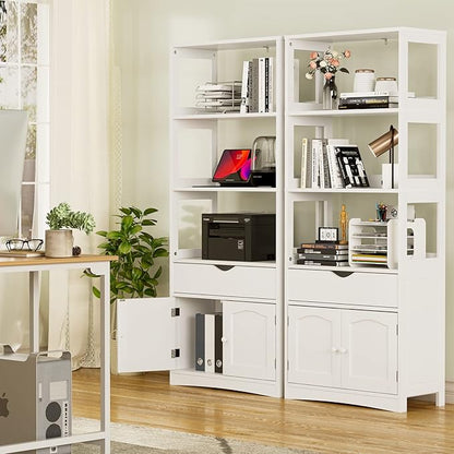 DICTAC Kitchen Pantry Storage Cabinets Freestanding Tall Bathroom Cabinet with Shelves and Drawer 64''H Sideboard Microwave Space Cupboard Organizer for Home Office,White, 23.62x13x64.06inch | Freestanding