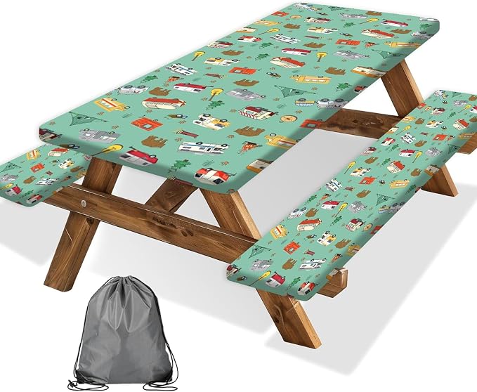 Picnic Table Cover with Bench Covers and Bag, Camping Rv Essentials, Waterproof Windproof Fabric, Fitted Tablecloth Cover with Elastic Edge, 3 PCS, 30x72 Inch, Green