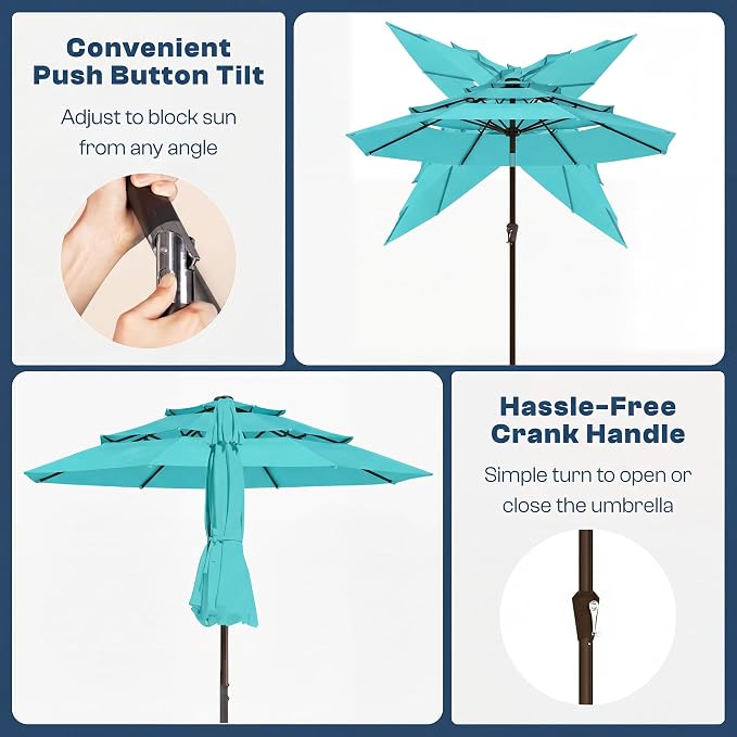10ft 3 Tier Patio Umbrella, Outdoor Market Table Umbrella with UPF 50+ Vented Canopy, 8 Sturdy Ribs, Easy Push Button Tilt and Crank, Windproof for Deck, Pool, Backyard and Garden