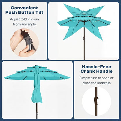 10ft 3 Tier Patio Umbrella, Outdoor Market Table Umbrella with UPF 50+ Vented Canopy, 8 Sturdy Ribs, Easy Push Button Tilt and Crank, Windproof for Deck, Pool, Backyard and Garden
