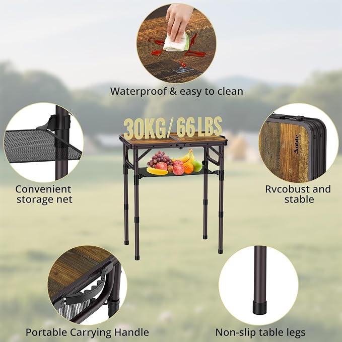 Anbte 2ft Camping Folding Table, 24" X 16" Aluminum Small Portable Table | 3 Adjustable Height Max 27.5", Camping Table with Portable Handle & Storage Net, For Outdoor Indoor Picnic Beach Travel,Brown