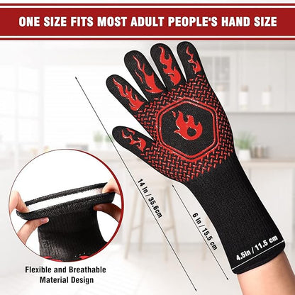 HAMITOR BBQ Grill Gloves : 1472 ℉ High Temp Resistance Fireproof Glove for Grilling Barbecue - Washable Long Silicone Oven Mitts Extreme Hot Proof Mittens for Kitchen Cooking Baking