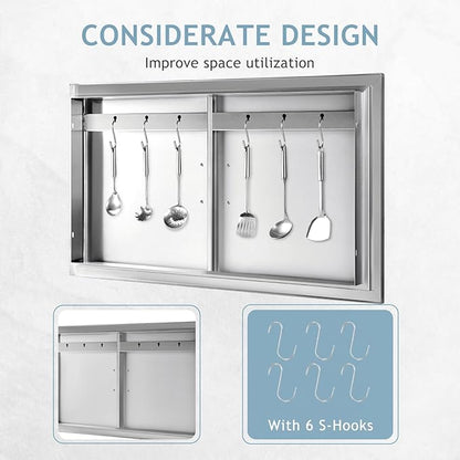 Hally BBQ Access Door 36" W x 21" H of 304 Stainless Steel Double Doors with 2 Detachable Handles and 6 Hooks, Outdoor Kitchen Doors for BBQ Island, Grilling Station, Outdoor Cabinet