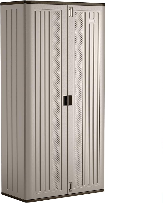 Suncast Mega Tall Storage Cabinet for Garage Organization - 31 Cu. Ft. Lockable Utility Closet with 3 Adjustable Shelves for Garden Supplies & Outdoor Tools, Multi-Wall Resin Construction, Platinum