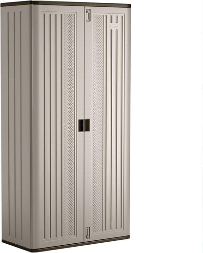 Suncast Mega Tall Storage Cabinet for Garage Organization - 31 Cu. Ft. Lockable Utility Closet with 3 Adjustable Shelves for Garden Supplies & Outdoor Tools, Multi-Wall Resin Construction, Platinum