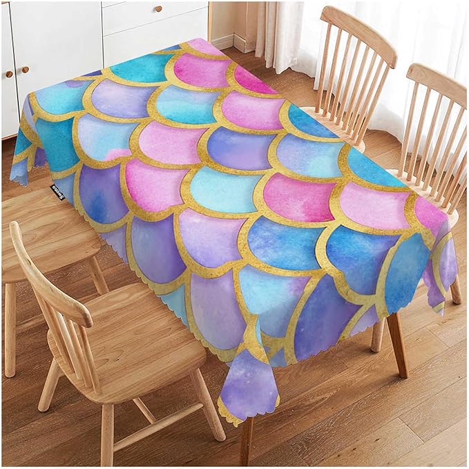 Swono Decorative Rectangle Table Cloth Mermaid, Rainbow Animal Fish Skin Mermaid Scales Polyester Tablecloth Kitchen Table Cover for Dining BBQ Picnic Coffee Table 50x72, 4-6 Seats
