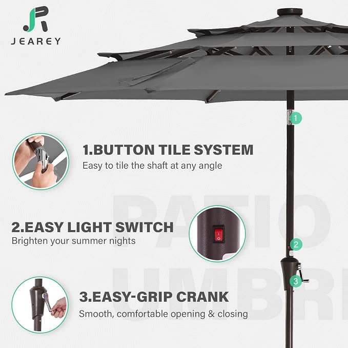 JEAREY 9 ft 3-Tier Outdoor LED Lighted Patio Umbrella w/Crank, Gray | Solar Market Table Umbrella with 8 Sturdy Ribs, UV Protection Waterproof Sunproof for Garden, Deck and Backyard