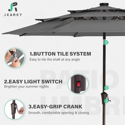 JEAREY 9 ft 3-Tier Outdoor LED Lighted Patio Umbrella w/Crank, Gray | Solar Market Table Umbrella with 8 Sturdy Ribs, UV Protection Waterproof Sunproof for Garden, Deck and Backyard