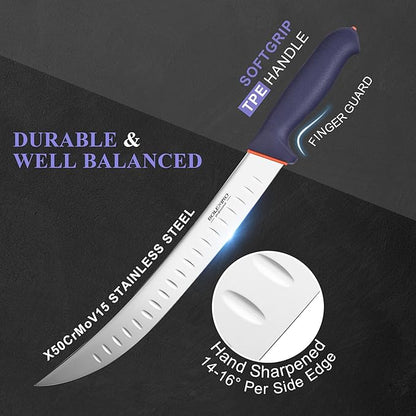 12 Inch Carving Knife, Brisket Slicing Knife with Granton Edge, X50CrMoV15 Stainless Steel Butcher Knife for Meat Cutting, BBQ & Turkey