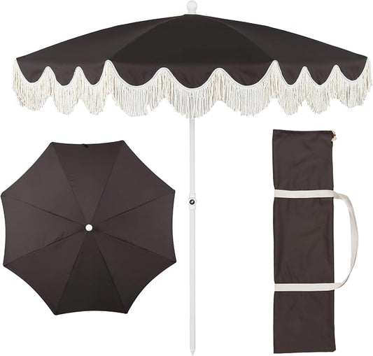JONATHAN Y Mariner 6.5 ft. Solid Fringe Beach Umbrella, Black | Push-Button Tilt, UV 50 Protection, Matching Carry Bag, White Iron Pole, Wind Vent, Scalloped Round Canopy