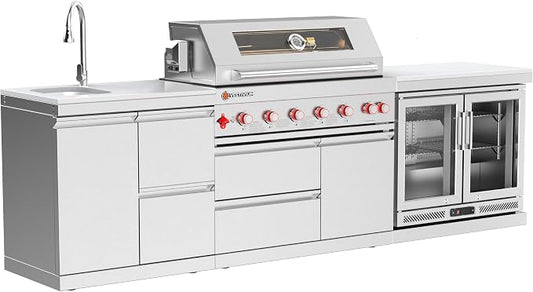 SERA C 6-Burner Propane Outdoor Kitchen with Combo Sink & Fridge | 87,900 BTU + infrared, 115L double fridge, combo sink with storage drawers, pull-out faucet, 304 SS, casters, patio backyard