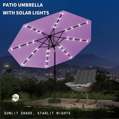 9FT Patio Umbrella with Solar Lights,Outdoor Market Umbrella with Tilt and Crank, LED Lighted Table Umbrella for Garden,Deck,Backyard,Pool,Beach (Taro Purple)