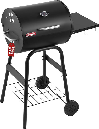 Barrel Charcoal Grill, 388 Sq. In. Outdoor BBQ Grill | 4-level adjustable charcoal pan, thermometer, warming rack, side shelf with hooks, wheels and bottom storage rack