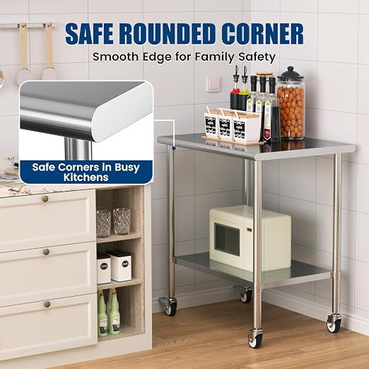 Stainless Steel Work Table with Wheels, 24x36 Inch NSF Kitchen Prep Table with Adjustable Undershelf for Commercial Restaurant, Garage, Outdoor BBQ