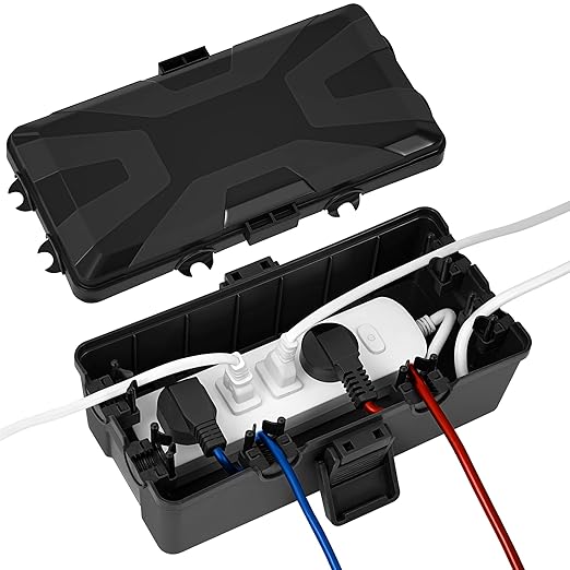 Medium Outdoor Electrical Box(10.4x6x4.2inch), IP54 Waterproof, Weatherproof Connection Box w/6 Cable Entry Ports, Extension Cord Cover Protect Power Strip, String Lights, Timer, Plug, Black