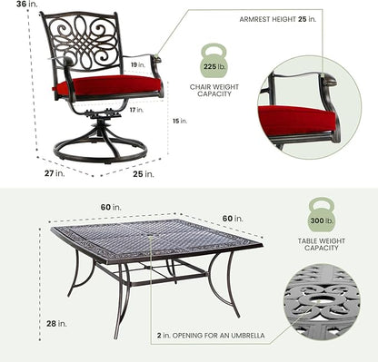 Hanover Traditions 9-Piece Patio Dining Set, Rust-Free Aluminum Outdoor Dining Set with Autumn Berry Cushions, 8 Swivel Rockers and Aluminum Square Dining Table, All-Weather Outdoor Dining Set for 8