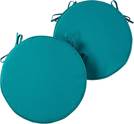 Set of 2 Outdoor 18 inch Round Patio Dining Chair Pads – Comfortable Fiber-Filled Seat Cushions with Ties, Reversible Polyester Fabric - Peacock