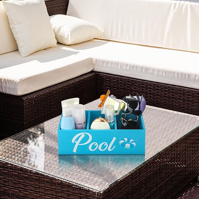 CroBlissful Pool Storage Basket Blue Summer Wooden Box with 3 Compartments Toilet Tank Tray for Indoor Outdoor Swimming Pool Decor Sunblock Sunglasses Beach Toy Storage Box