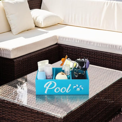 CroBlissful Pool Storage Basket Blue Summer Wooden Box with 3 Compartments Toilet Tank Tray for Indoor Outdoor Swimming Pool Decor Sunblock Sunglasses Beach Toy Storage Box