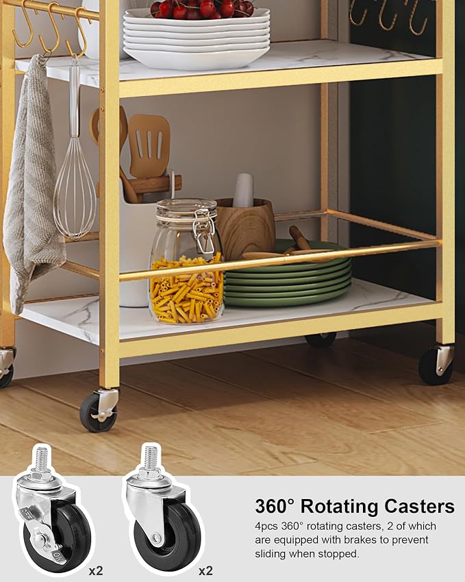 TUTOTAK Bar Cart with Wheels, Drink Cart with Wine Rack and Glass Holder | 3-Tier 23.7 Inch Wide Home Bar Serving Carts, Small Mobile Kitchen Shelf with 6 Hooks, Marble Gold BC01BMG030