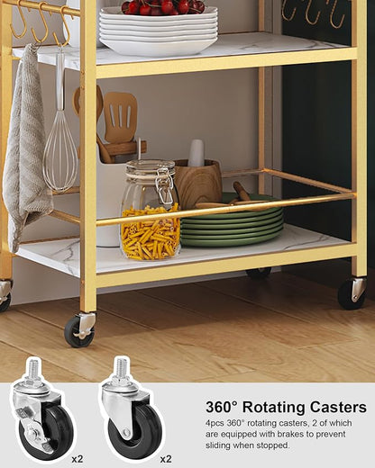 TUTOTAK Bar Cart with Wheels, Drink Cart with Wine Rack and Glass Holder | 3-Tier 23.7 Inch Wide Home Bar Serving Carts, Small Mobile Kitchen Shelf with 6 Hooks, Marble Gold BC01BMG030