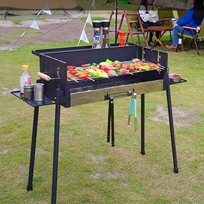 Charcoal Grills Portable Foldable Metal BBQ Grill with Foldable Storage Shelf Adjustable Temp Holds 150KG Camping Barbecue Grill for Garden Backyard Party Picnic Travel Outdoor Cooking Bla