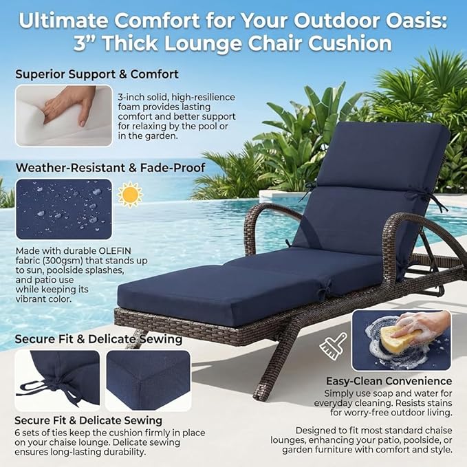 3" Solid Outdoor Lounge Chair Cushion, 74 x 22.5 inch Weather Resistant Chaise Lounge Cushion with 6 Ties for Patio Pool Furniture