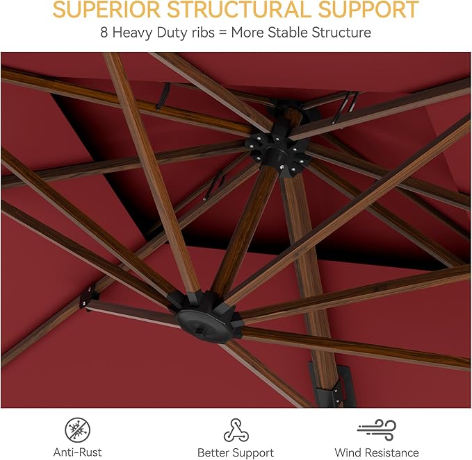 10x13 FT Wood Pattern Patio Umbrella, Large Deluxe Cantilever Rectangular Double Top Heavy Duty Offset Umbrellas with 360° Rotation, Outdoor shade for Garden Deck Pool Patio, Red