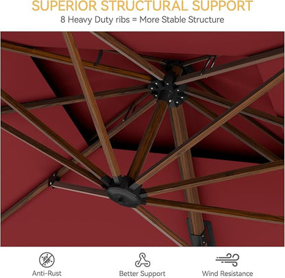 10x13 FT Wood Pattern Patio Umbrella, Large Deluxe Cantilever Rectangular Double Top Heavy Duty Offset Umbrellas with 360° Rotation, Outdoor shade for Garden Deck Pool Patio, Red
