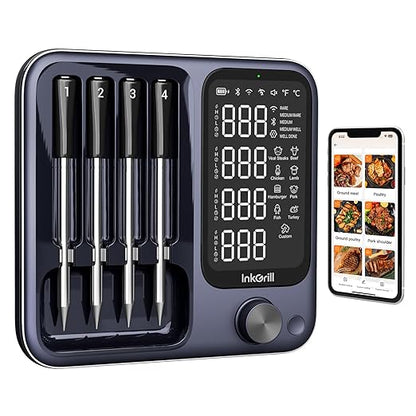 Wireless Meat Thermometer with APP Control，4 Probes Meat Thermometer Digital, Unlimited Range WiFi & Bluetooth Meat Thermometerfor for Rotisserie, Grill, Oven, Smoker, BBQ, Air Fryer