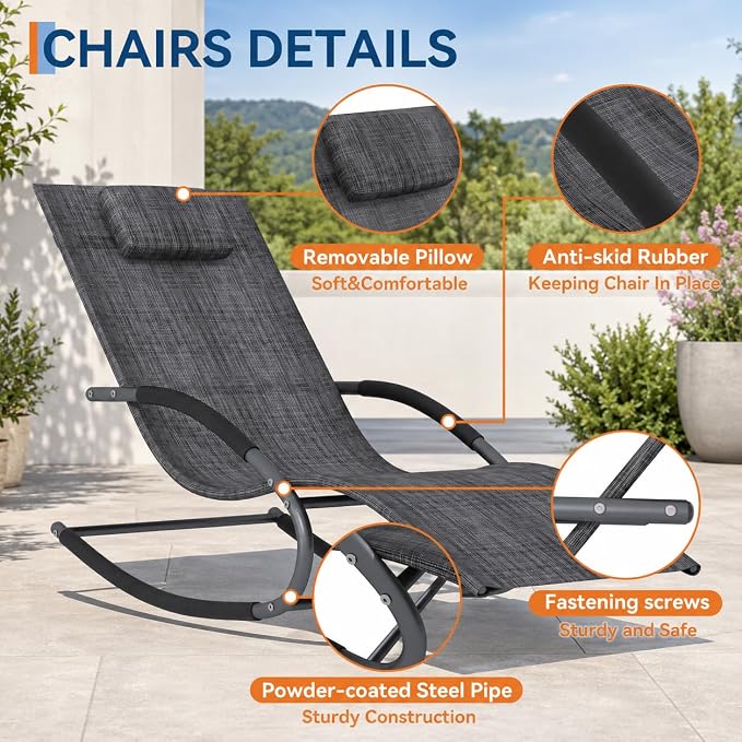 Garvee Outdoor Lounge Chair, Rocking Chair, Lounge Chair Recliner with Detachable Pillow for Patio, Lawn, Pool, Outdoor Home Furniture, Gray