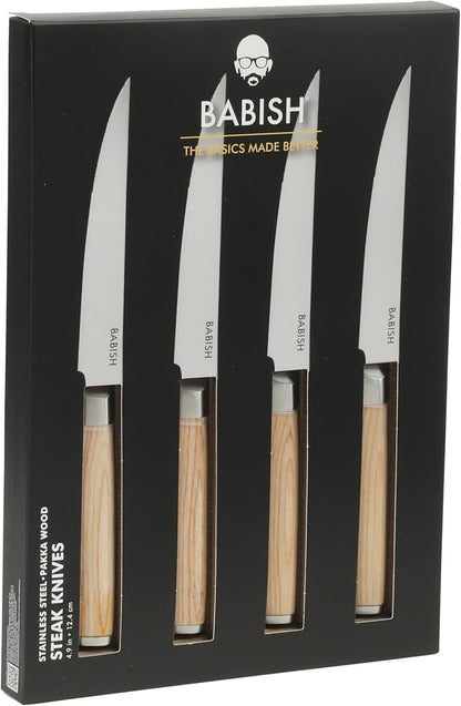Babish 4-Piece 1.4116 German Stainless Steel Steak Knife Set with Light Pakka Wood Handles – Full-Tang Steak Knives for Dining, Entertaining & Everyday Table Use