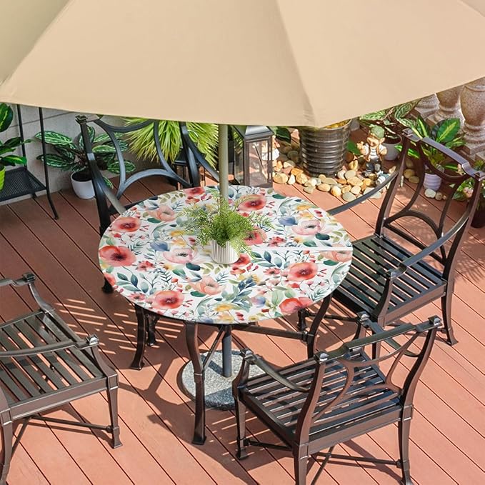 Spring Flower Outdoor Round Fitted Tablecloth with Umbrella Hole and Zipper, 45"-56" Elastic Patio Table Cloth Oil-Proof Waterproof Patio Table Cover for Picnic Party Camping