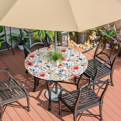 Spring Flower Outdoor Round Fitted Tablecloth with Umbrella Hole and Zipper, 45"-56" Elastic Patio Table Cloth Oil-Proof Waterproof Patio Table Cover for Picnic Party Camping