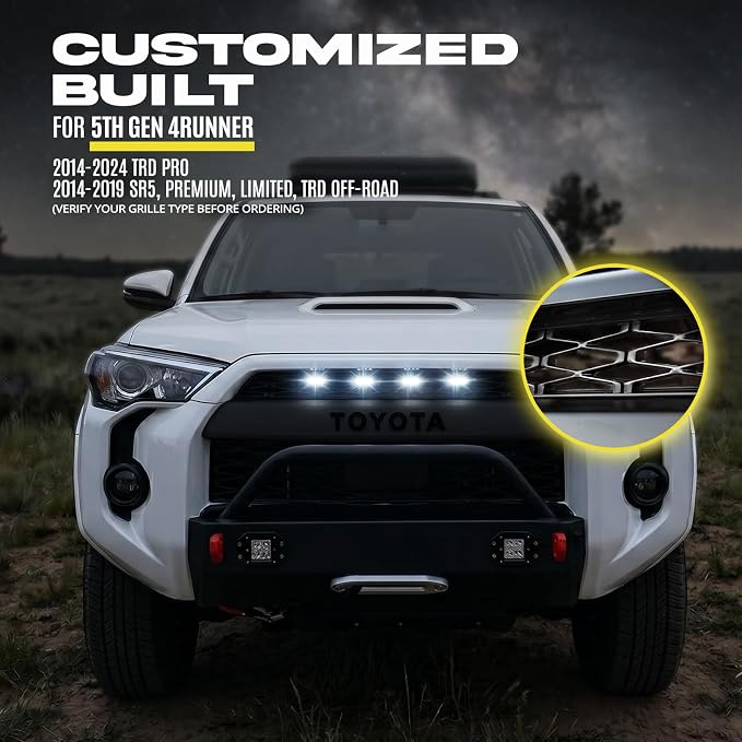 OPT7 4PCS Front LED Grille Lights for 4Runner 2014-2024, with Wire Harness and Fuse Tap, SUV Accessories, White Grill Lights, Smoke Lens