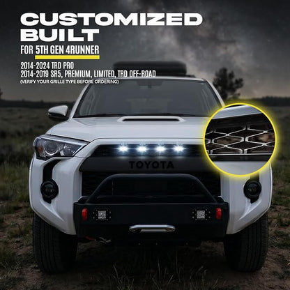 OPT7 4PCS Front LED Grille Lights for 4Runner 2014-2024, with Wire Harness and Fuse Tap, SUV Accessories, White Grill Lights, Smoke Lens
