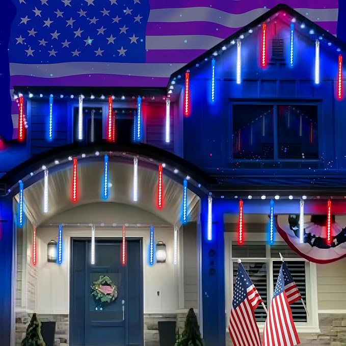 4th of July Decorations Outdoor, USA 250th Anniversary Red White and Blue Solar Meteor Shower Lights, 18 Tubes 432 LEDs Waterproof Patriotic String Lights for Independence National Memorial Day Decor