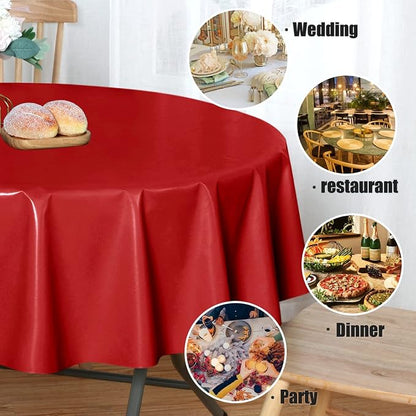 sancua 100% Waterproof Vinyl Tablecloth Table Cloth 60 Inch Round, Red | Oil Spill Proof, PVC Material, Wipe Clean Table Cover for Dining Tables, Buffet Parties and Camping
