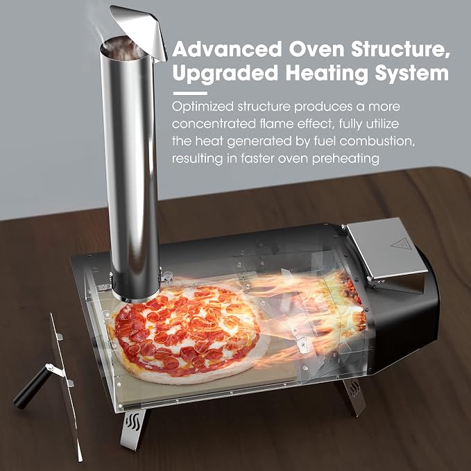 Mimiuo 12" Wood Pellet Pizza Oven Outdoor 35 Lbs – 60 Sec Bake, Stone/Peel | Heavy Duty, Portable, Complete Baking Tool with Stone, Peel & Cover, Easy Operation, for Backyard Party Outside Camping